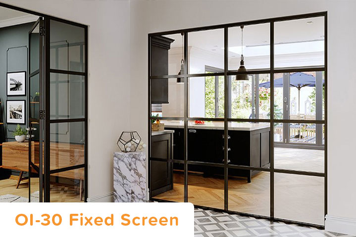 Steel Look Aluminium fixed screen glass wall offers unhindered natural light